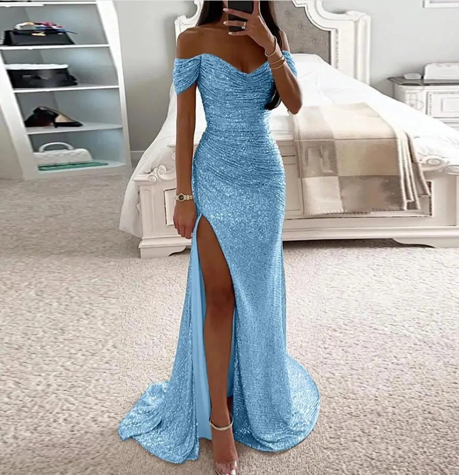 Elegant Off The Shoulder Sequins Mermaid Bridesmaid Dresses Ruched High Thigh Split Blingbling Wedding Guest Maid of Honor Dresses BC18214 0326