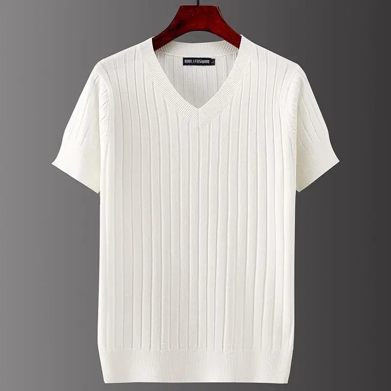 Mens Short Sleeve Tshirts Vneck Casual Knitting Striped Tops Allmatch Solid Color Pullover Soft Slim Fit Breathable T Shirt 240513