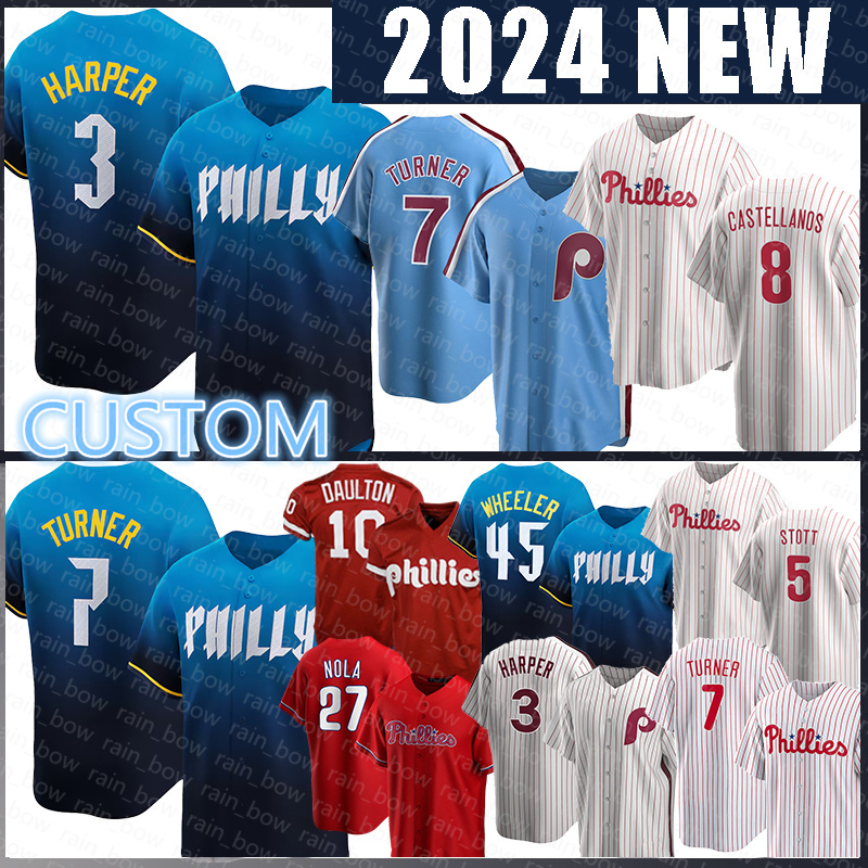 Custom Phillies Baseball Jersey 3 Bryce J.T. Realmuto Harper Nick Castellanos Trea Turner Kyle Schwarber Zack Wheeler Brandon Marsh Bryson Stott Aaron Nola Alec Bohm 