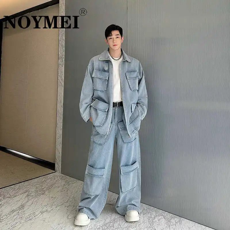 NOYMEI Washed Multi Pocket Denim Jacket Two Pieces Set Loose Zipper Straight Wide Leg Jean Men Spring WA4241 240428