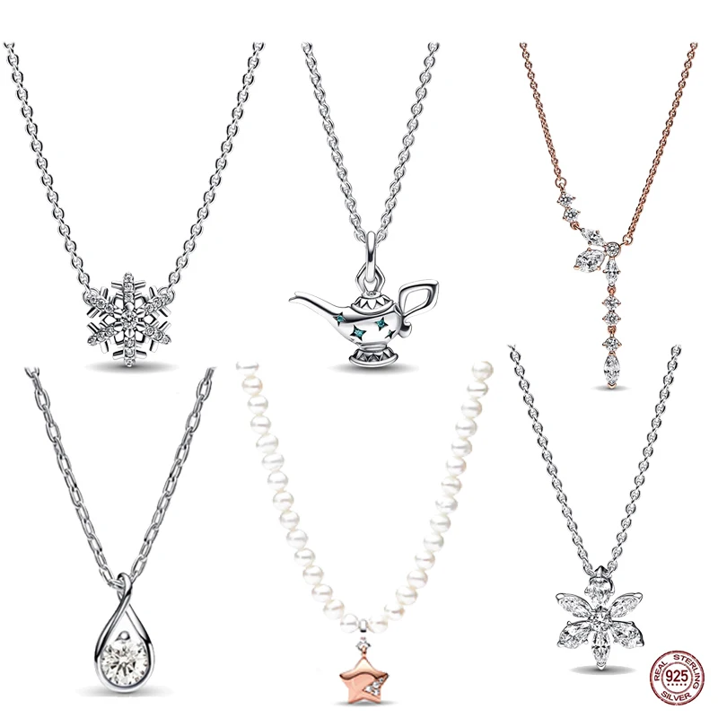 Fashion S925 Sterling Silver Drop-shaped Teapot Snowflake Square Pendant Necklace Fit Original Beads DIY Gift 