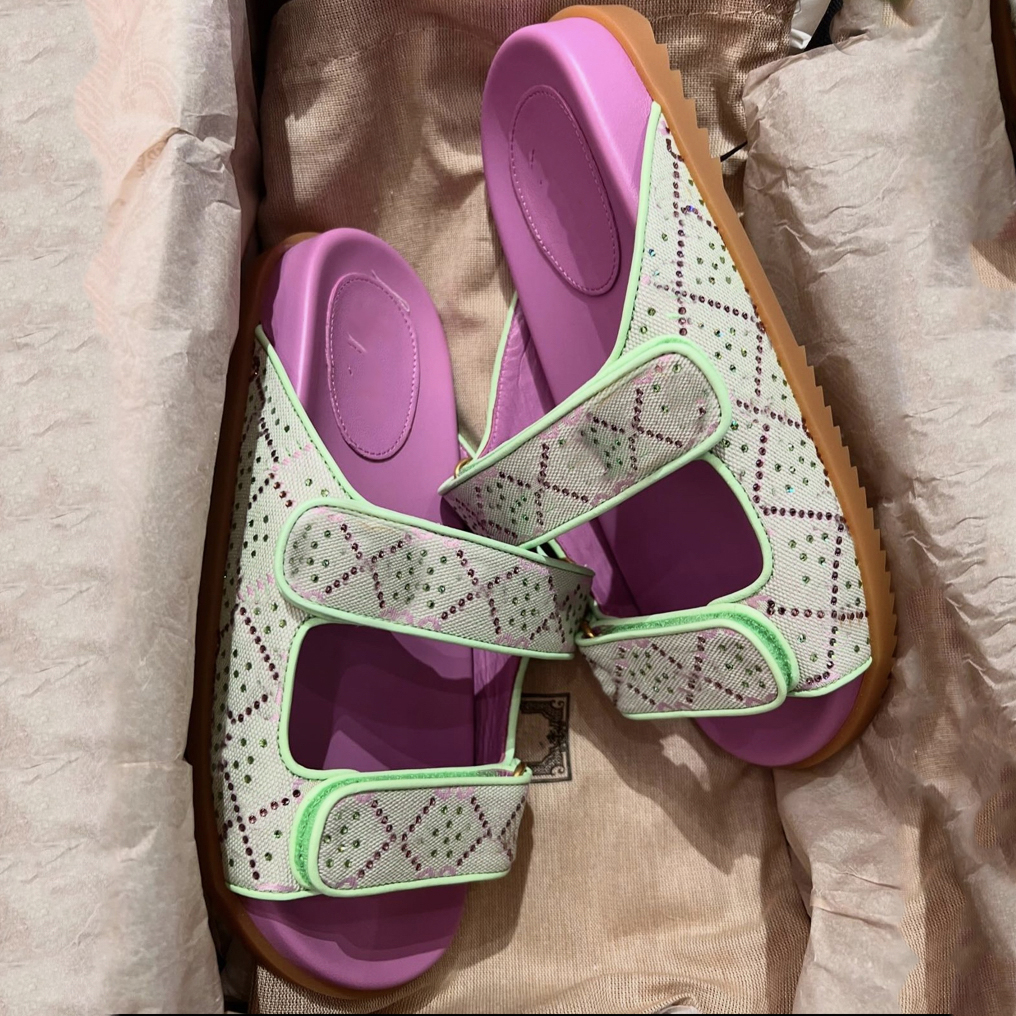 Designer sandals Summer Beach slippers women men sandale luxury Flat Sandal With Double Straps Purple Green G Crystal Canvas platform slippers ladies Slides 
