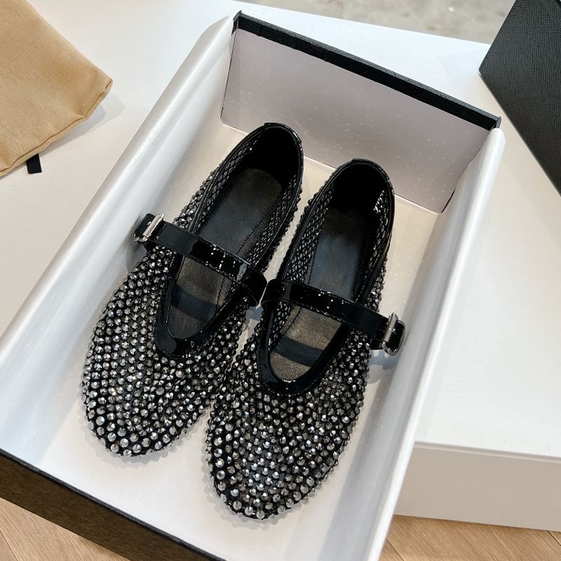 Designer ballet shoes Women&#039;s casual flats Designer Sandals Slippers Round Head rhinestone Boat Shoes Luxury leather riveted Mary Jane shoes-image-976573516
