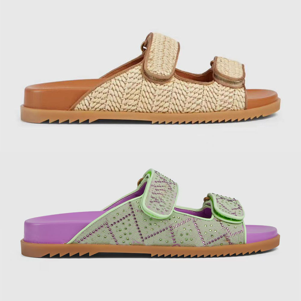 Women Men Sandals Summer Beach Slippers Purple Green G Crystal Canvas Slides Genuine Leather sandal Designer Mules Flat top quality platform Slid-image-976622420