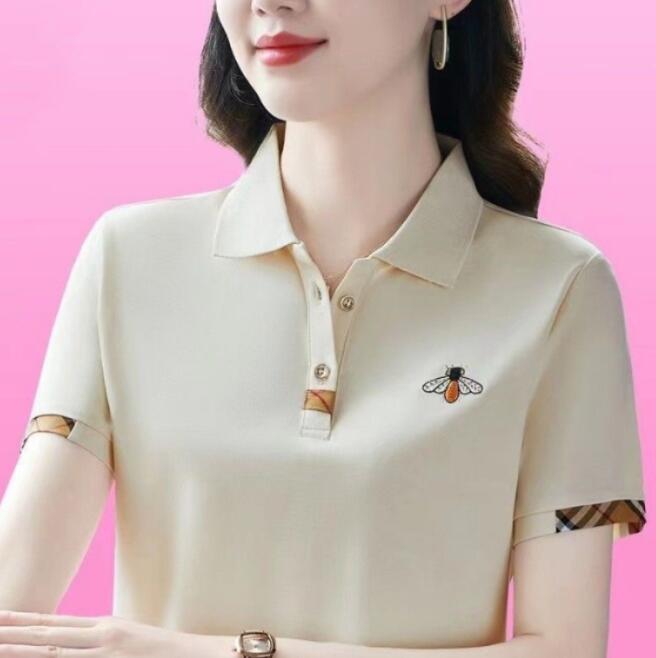 4xl Design Bee Broidered Polo Femmes 2024 Été Nouveau Coton Pure Coton Femmes Summer Short Golf Polos T-shirt Top Low
