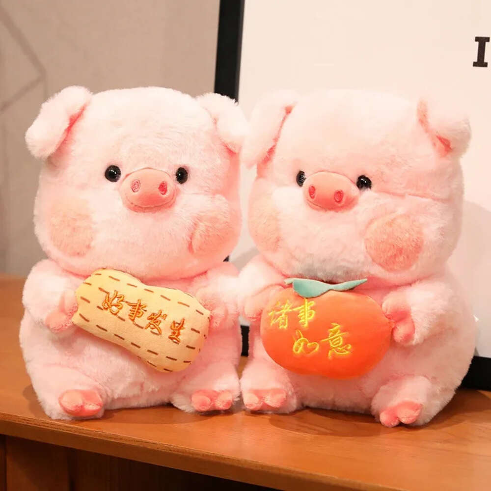 Lucky Stuffed Pink Pig Doll Plush Toy Holding Persimmon Peanut Standing Soft Piggy Cartoon Animal Decor Holiday Gift-image-977022962