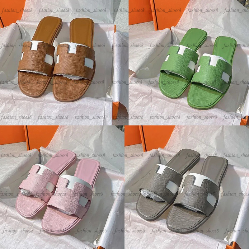 Summer Flat Leather Slipper Designer Women Sandals Solid Color Beach Slides Lady Outdoor Shoes Brown Black White Size 35-42-image-976780340