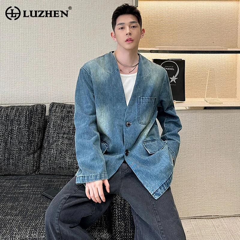 LUZHEN Spring Versatile Loose Elegant Washed Casual Denim Blazer Coat Mens High Street Fashion Original Jacket LZ1222 240428