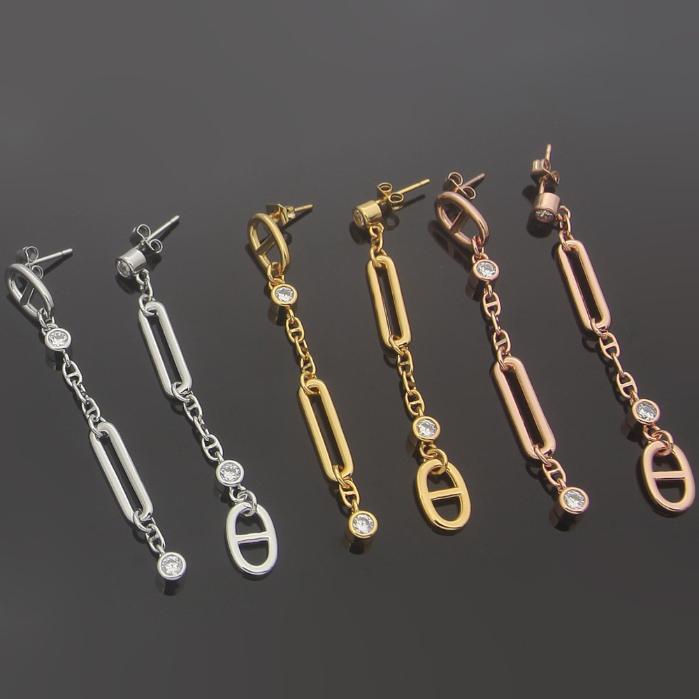 fashion Stainless steel letter pig nose with diamond stud ear womens long tassel earrings for woman jewelry-image-1107560605