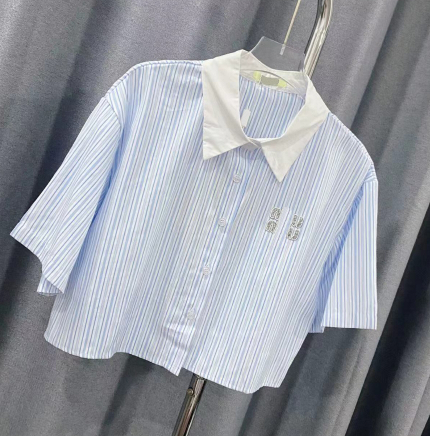 Luxury women's short sleeved shirt designer T-shirt summer short top fashion vertical stripe contrasting collar short shirt-image-976987028