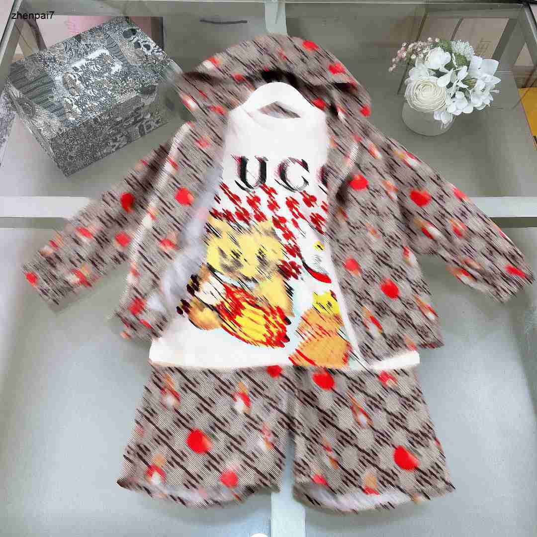 Top boys tracksuits Three piece set kids coat set baby clothes Size 100-150 CM Hooded jacket Cat print T-shirt and shorts 24April-image-977853304