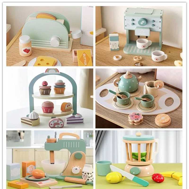 Kitchens Play Food Childrens wooden toy coffee making toy set cake ice cream tea time game set childrens pretend game kitchen accessories childre-image-976931716