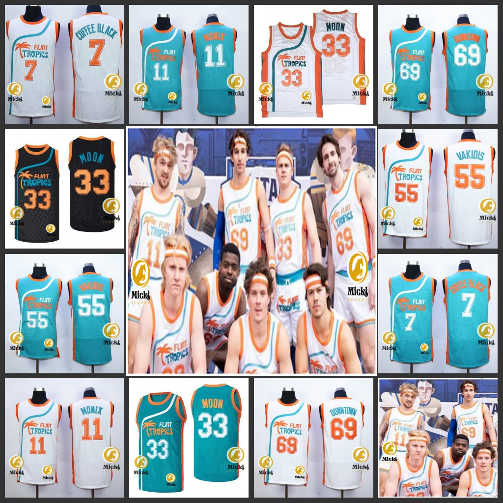 Maillot de basket-ball semi-pro Jackie Moon Ed Monix pour hommes # 7 Café Noir # 55 Vakidis # 69 Maillot Downtown Stitched Flint Tropics