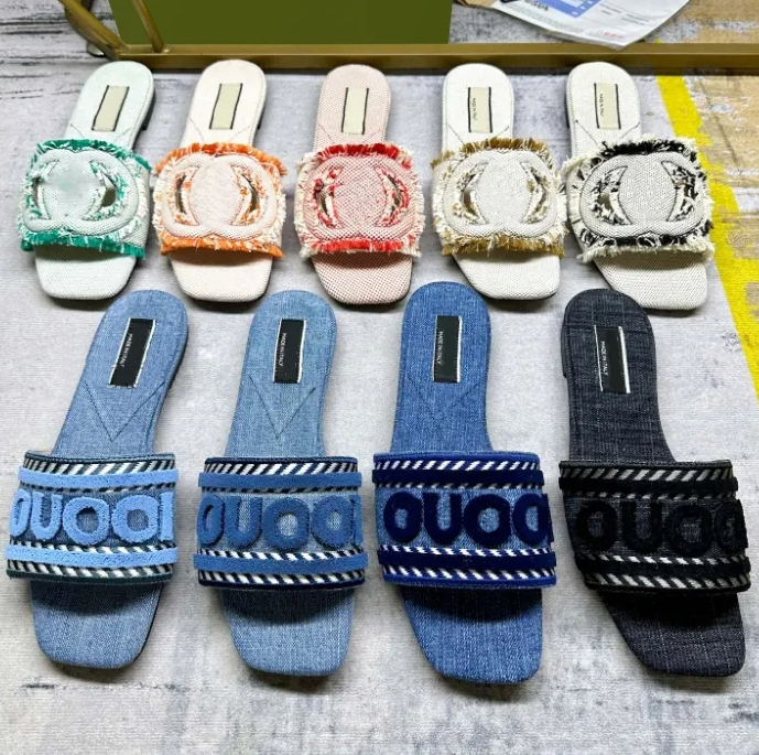 G Script Slippers Denim Slides Women Sandal Designer Flip flops Jelly Script Summer Cotton Print Flats Hollow Out Sandals Canvas Flat Heel Mules-image-977311647