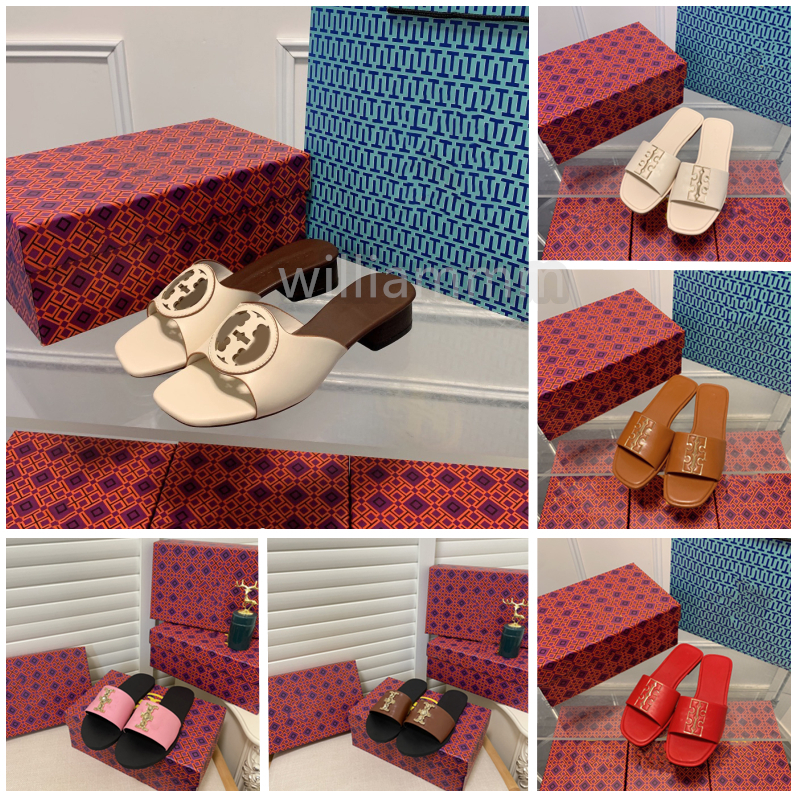 Avec une boîte de créateurs femmes pantoufles TB en cuir plates plates plates de luxe Slide de luxe Mode élégante Slippers Mid à talons à talons
