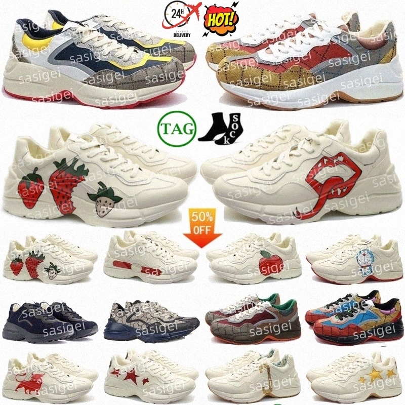 Designer Rhyton Sneakers shoes Beige trainers Ivory Mouth Vintage Mens Women letters casual lip Men sports thick soled cartoon family A8nd#-image-977642827