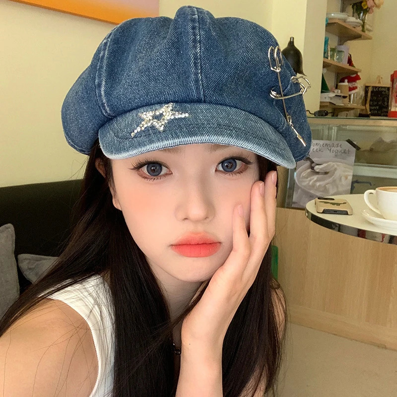 Y2k Original Star Rhinestone Niche Versatile Berets Caps for Women Spring and Autumn Ins Retro Denim Octagonal sboy Hats 240520