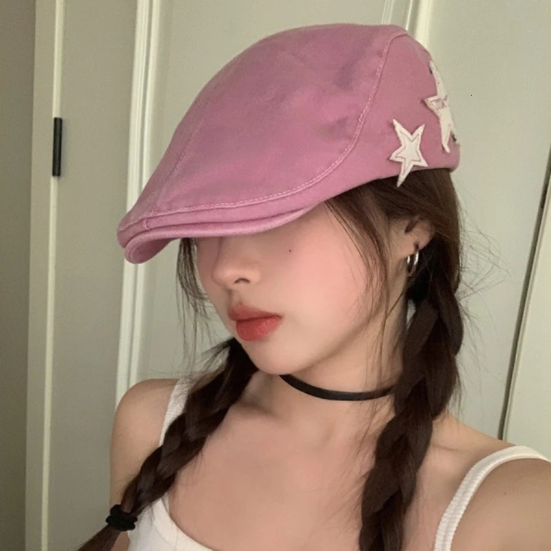 Y2k Retro Star Sticker Forward Hats for Women and Men Spring Summer British Style Fashion Versatile Sweet Berets Caps 240520