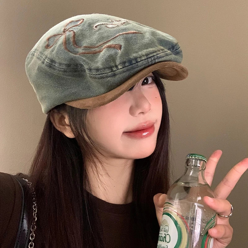 Y2k Bow Embroidered Retro Denim Berets for Women Show Face Small Spring and Summer Versatile Fashion Sunscreen Forward Hat 240520