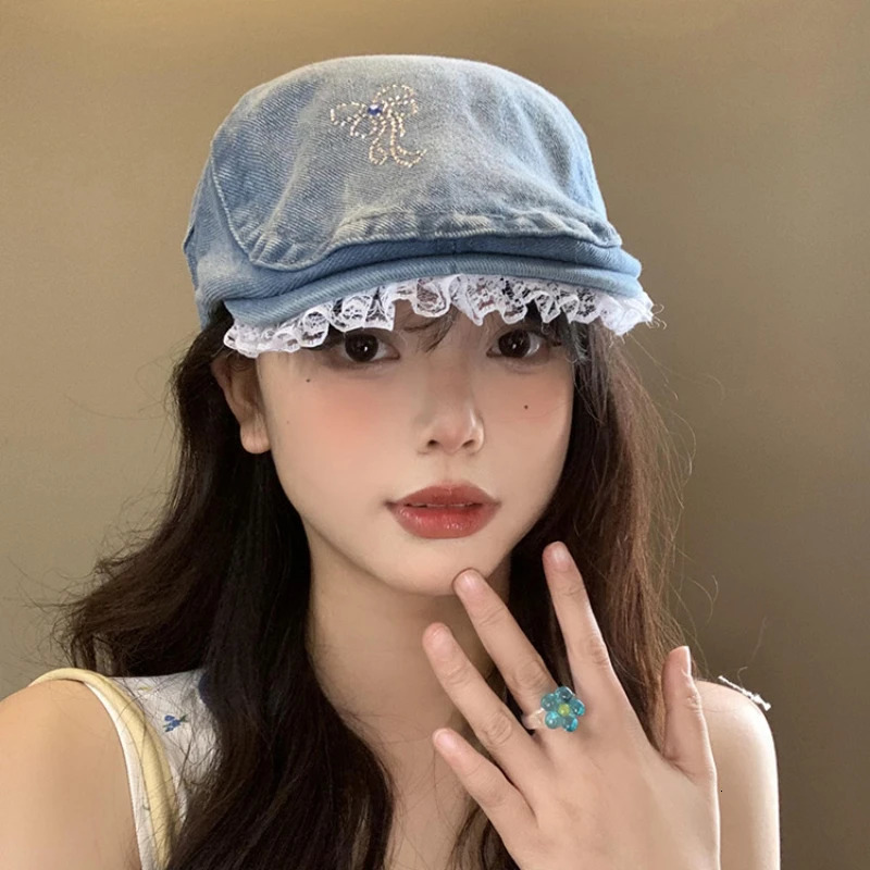 Sweet Bow Diamond Lace Rimmed Berets Caps for Women Spring and Summer Travel Fashion Versatile Retro Denim Forward Hats Y2k 240520