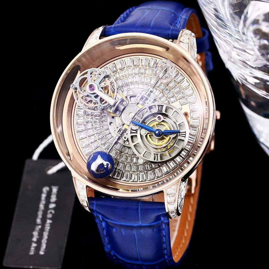 J&C Astronomia Tourbillon Mens Watch Rose Gold Baguette White Diamonds Dial Oversize 47mm Automatic Sapphire Crystal Swiss Wristwatch-image-978389969