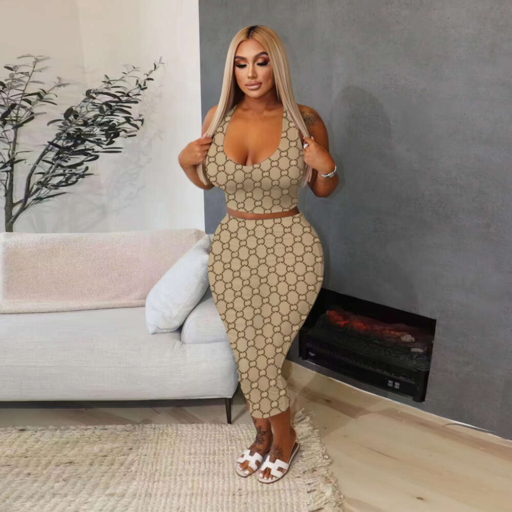 Designer Casual Bodycon For sund women summer Tank Top Buttock Skirt Print Robe Longue Femme Dress Two Or One Piece Set Sexy Slim Womens Long Maxi w
