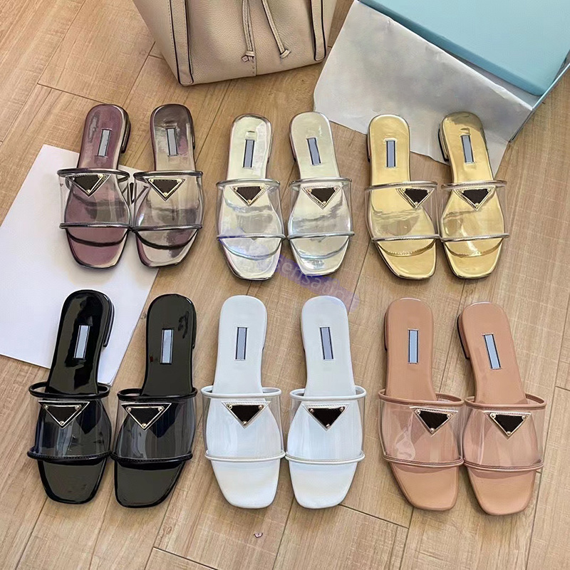 Designer Sandals Womens PVC Flat Heel Slides Sandal Luxury metallic gold silver pewter black White apricot Slides Fashion Ladies Summmer Beach Ca-image-978893797