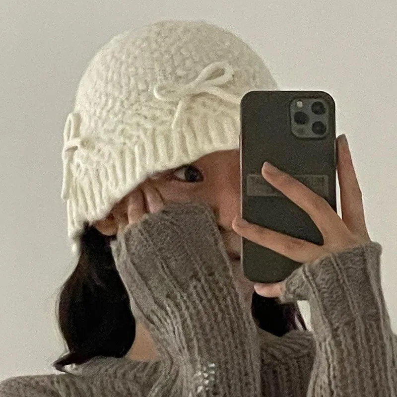 Womens Bow Knitted Bucket Hats Winter Warm Female Fisherman Hat Outdoor Windproof Cold Hat Ladies Panama Bob Unisex Caps Gorros 240522