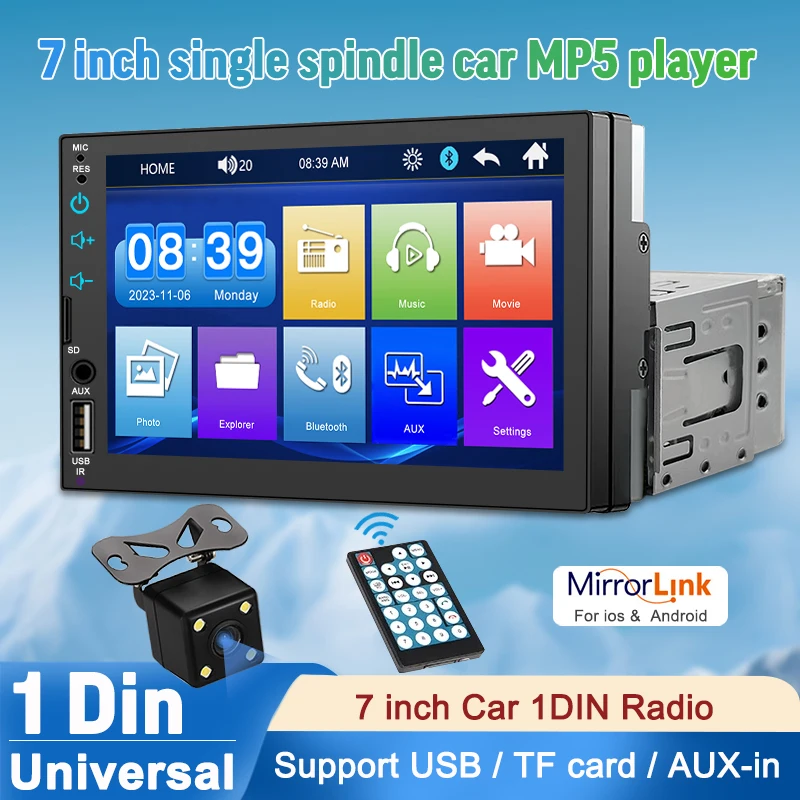 1 Din Car Radio 7Inch HD Touch Screen Player FM Multimedia MP5 Video Player Stereo Carplay Android Auto Head Unit-image-978908403