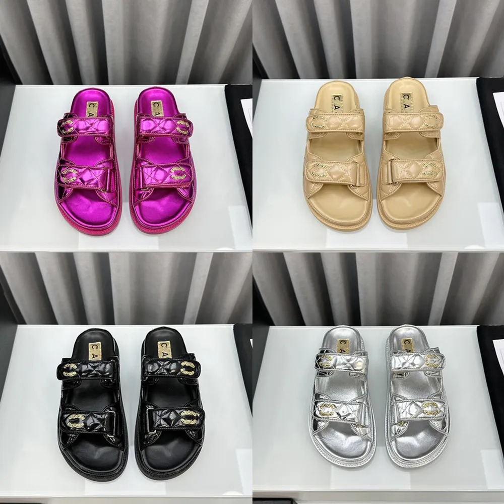 Dad sandal slip on without the back strap Women summer luxury channel mule Slide flat shoes 100% real leather quilted Women front strap beach sli-image-978952761