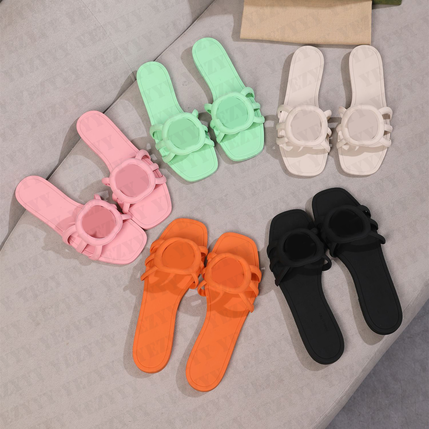 Designer Slides Women Interlocking Sandals Rubber Slippers Ladies Flat Beach Jelly Script Orange Summer Fall Mules Outdoor Waterproof Luxury Wome-image-978993251