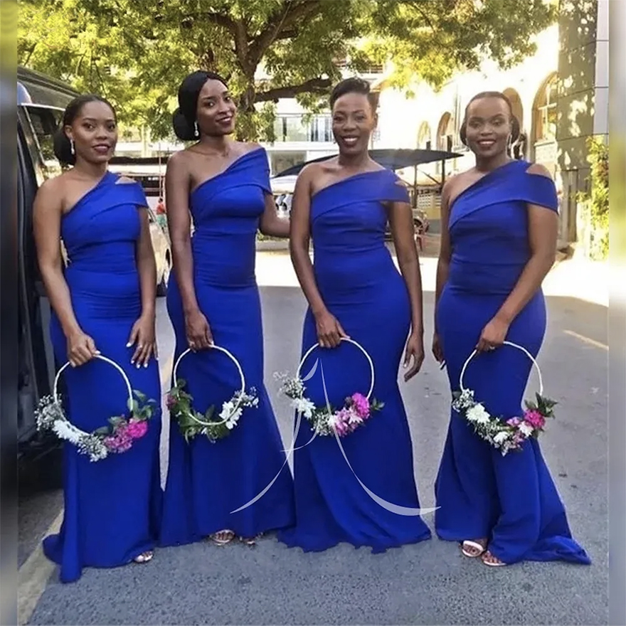 South Afircan Plus Size Bridesmaid Dresses For Royal Blue Elegant Satin Women Formal Party Gowns One Shoulder Sweep Train Mermaid Wedding Guest Dres