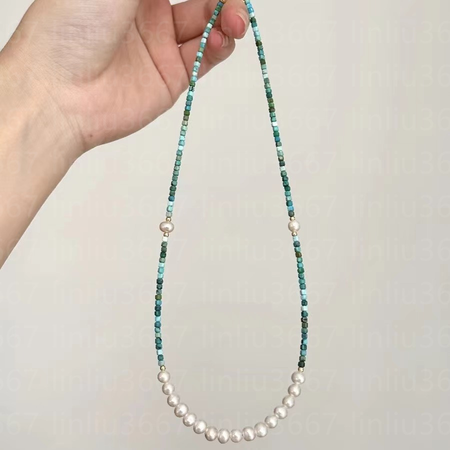 Pearl necklace v-gold plated with 18k Natural turquoise necklace fresh necklace woman fashion 925 sterling silver beaded necklace designer for Va-image-979467853