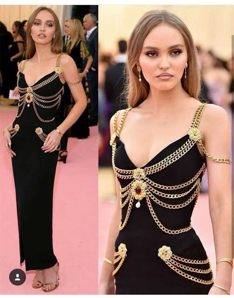 Robes décontractées de base Robe de soirée noire en cristal Chaîne en métal doré Designer Sexy Robe longue sans manches Robe de cocktail de céléb