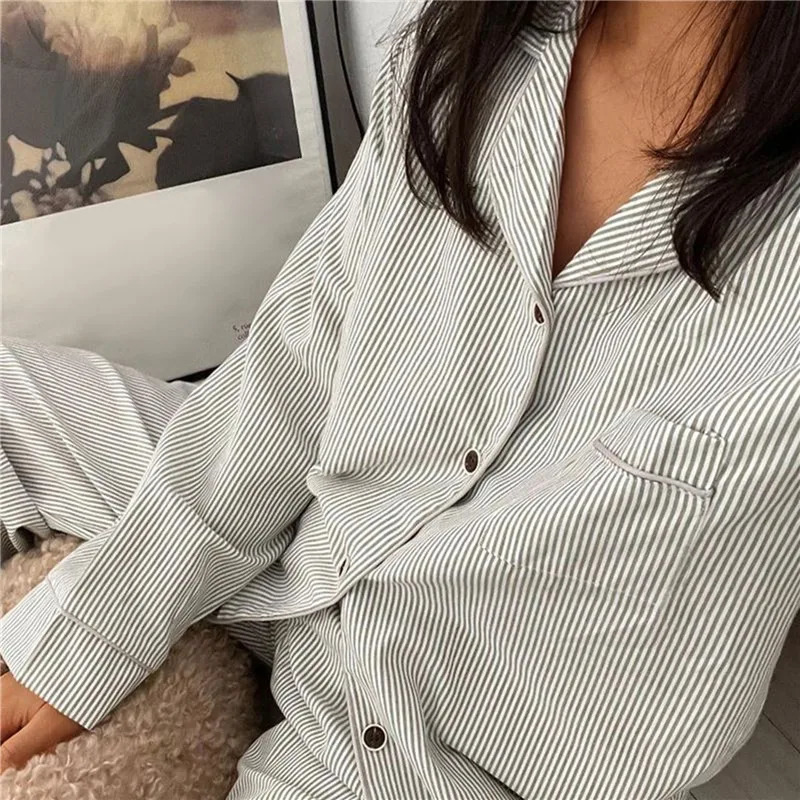 HighEnd Minimalist Striped Korean Version Pajamas For WomenS Autumn Home Wear Long Sleeved Pants Set 240524