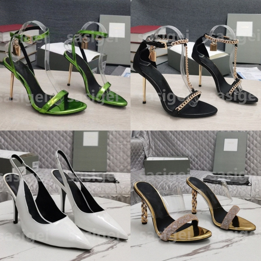 Designer Padlock Pointy Elegant Sandals High Heel Brand Sandal Women Womens Padlock Pointy Naked Patent Leather Summer Gold Tone Key Lock Black P-image-979574626