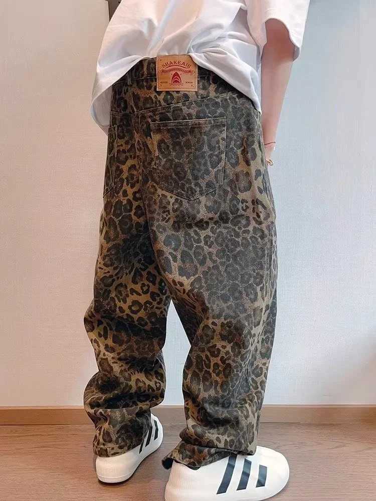 Women's Jeans Houzhou Tan Leopard jeans mens denim pants mens oversized wide leg Trousers street clothing hip-hop retro loose casual animal-image-979556995