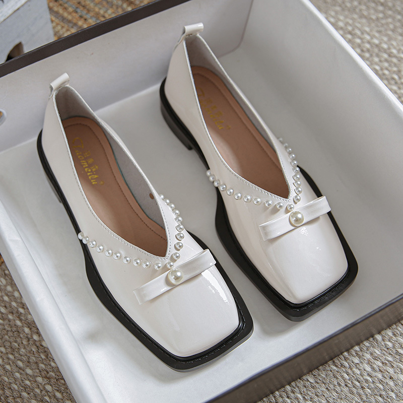 Français rétro Mary Jane femme Bowknot Pearl perle plates plats carrés toe japonais en cuir brogues féminins scoop chaussures Big Ad3a