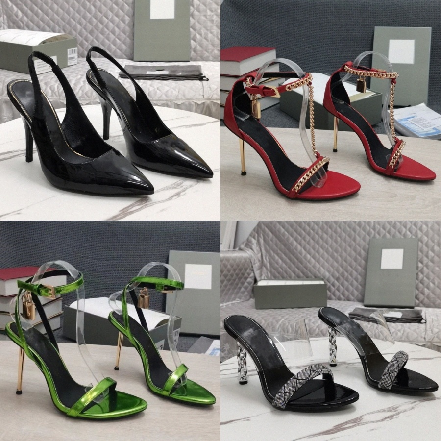Designer Padlock Pointy Elegant Sandals High Heel Brand Sandal Women Womens Padlock Pointy Naked Patent Leather Summer Gold Tone Key Lock Black P-image-971865368