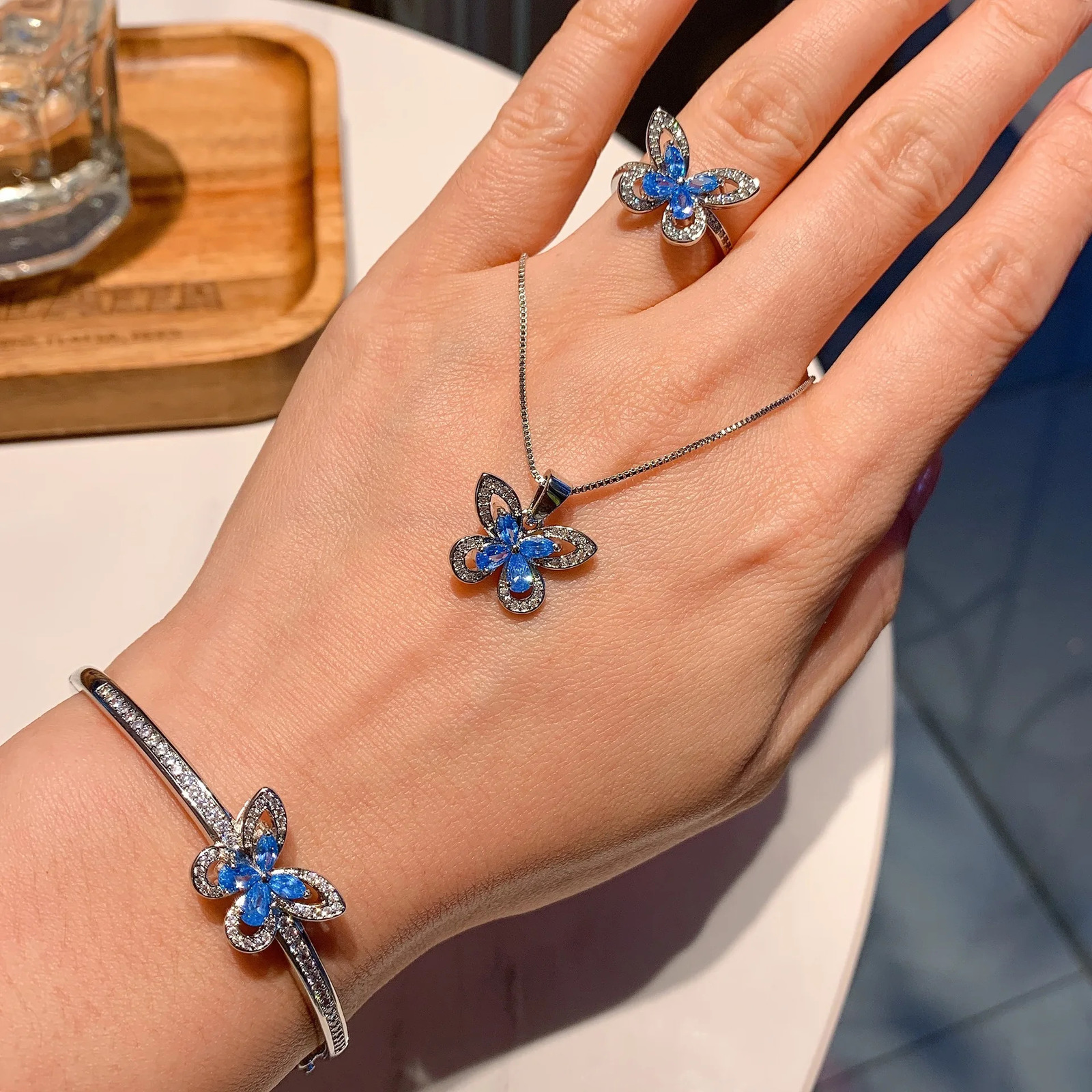 Silver 925 Jewelry Sets for Women Butterfly Pendant Necklace Ring Bracelet Blue Crystal Wedding Party Friends Gift 240524