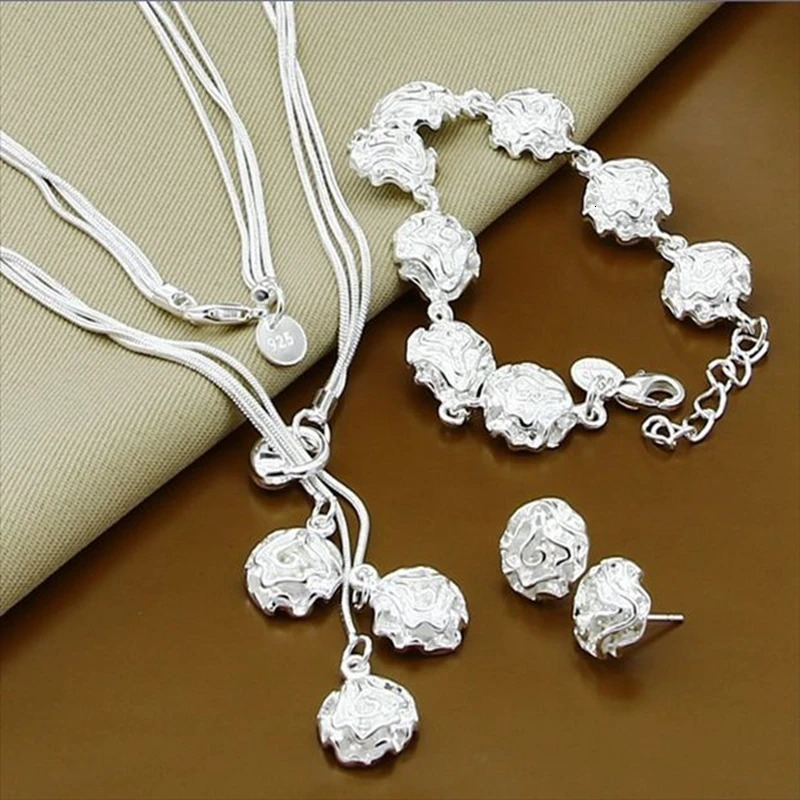 High Quality 925 Sterling Silver Fashion Plant Rose Flower Necklace Bracelet Earrings Jewelry Sets Fine Jewelry 240524