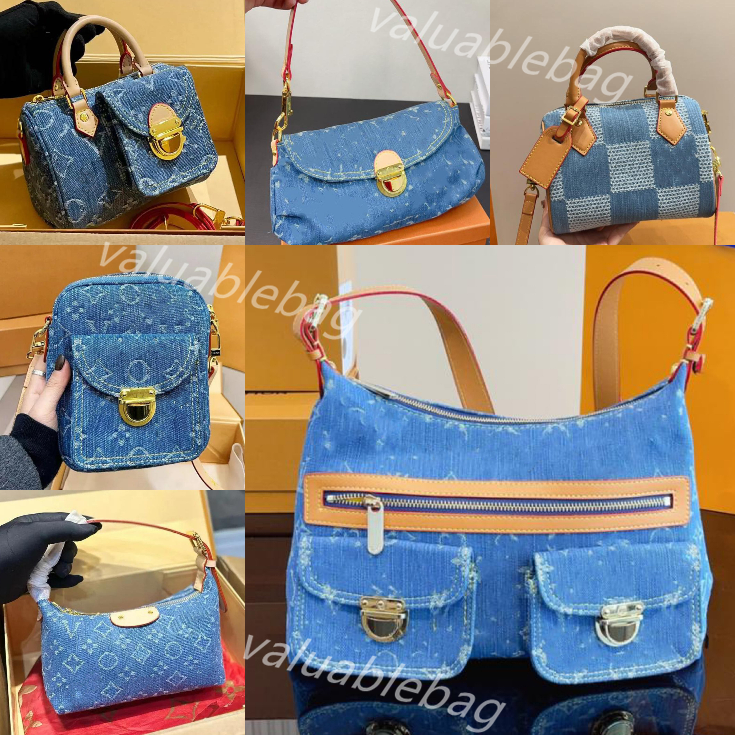 Denim Vintage Designer Shoulder Bag Women Tote Bags Handbag travel bag Carryall Old Flower Underarm Bag Print Purse Backpack Gold Hardware Pouch Blue bag 