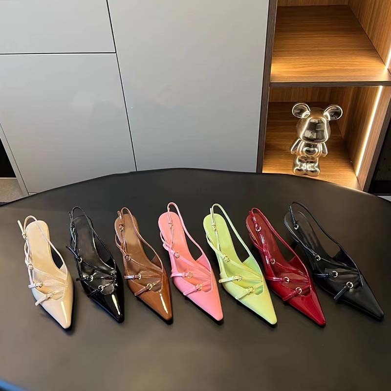 2024 New Women Dress SHOES Sheepskin Leather 5CM Stiletto Med Heels Pillage Pointed Toes Square Style Open Party Wedding Narrow Band Buckle Size-image-980205979