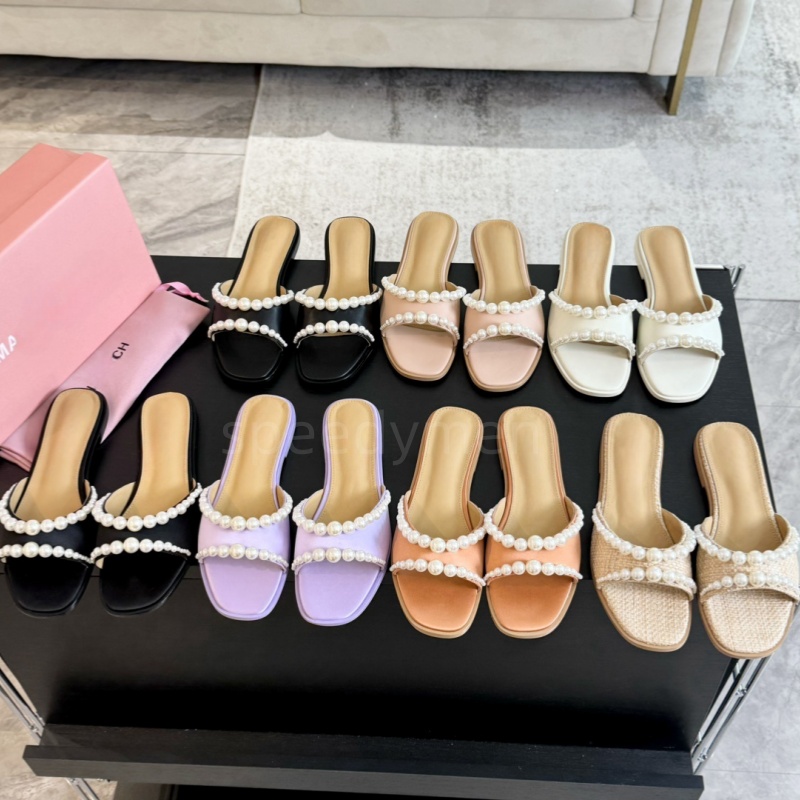 Mach Satin beaded pearl Slippers designer Women's Slippers Sandals Shoes Slide Summer Fashion Wide Flat Flip Flops With Box-image-980231552