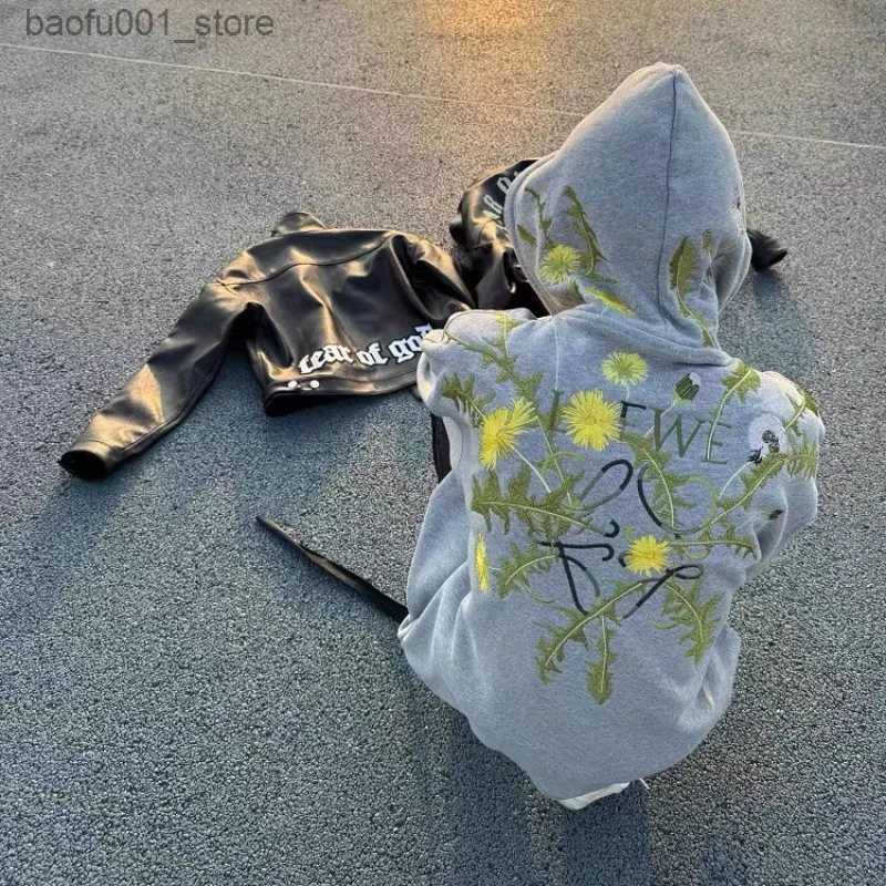 Men's Hoodies Sweatshirts Harajuku street dandelion embroidered flower hoodie 2024 American men and women winter plus velvet loose casual y2-image-980353953