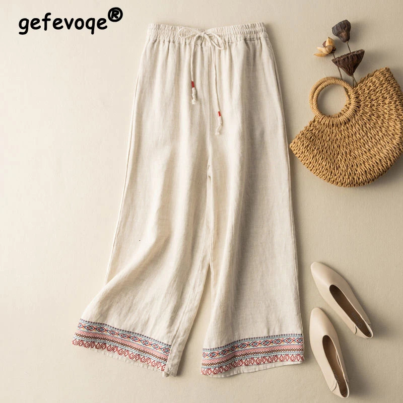 Women abbigliamento da ricamo vintage in stile etnico pantaloni a gamba larga in lino in cotone estate femminile in vita alta pantaloni dritti sciol