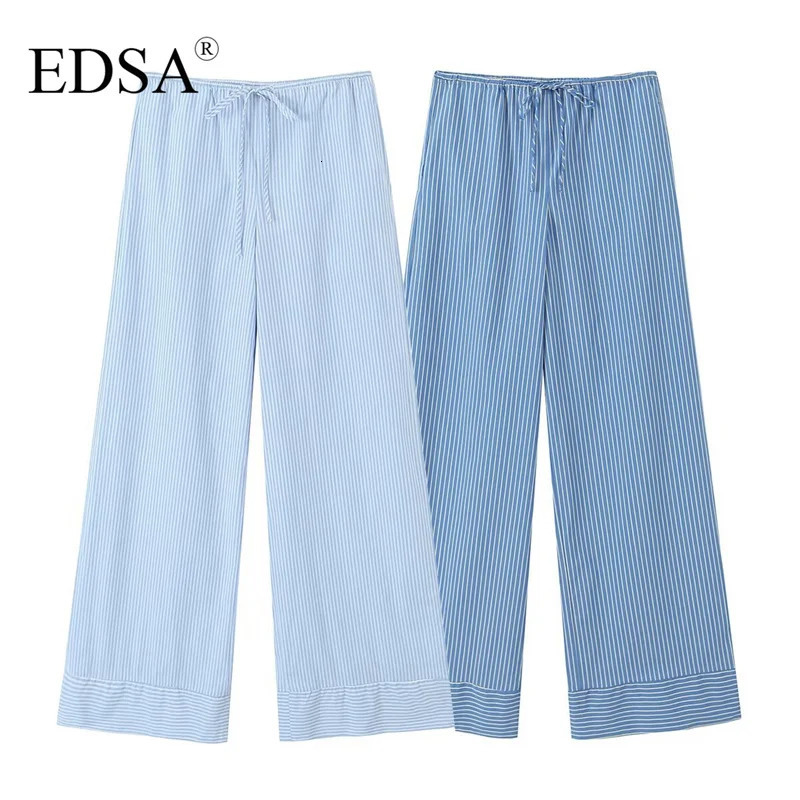 Pantaloni dritti a strisce blu di edsa con pizzo coulbo -pantaloni in vinatge sciolti lunghi pantaloni elastici in vita elastica donna chic chic 240