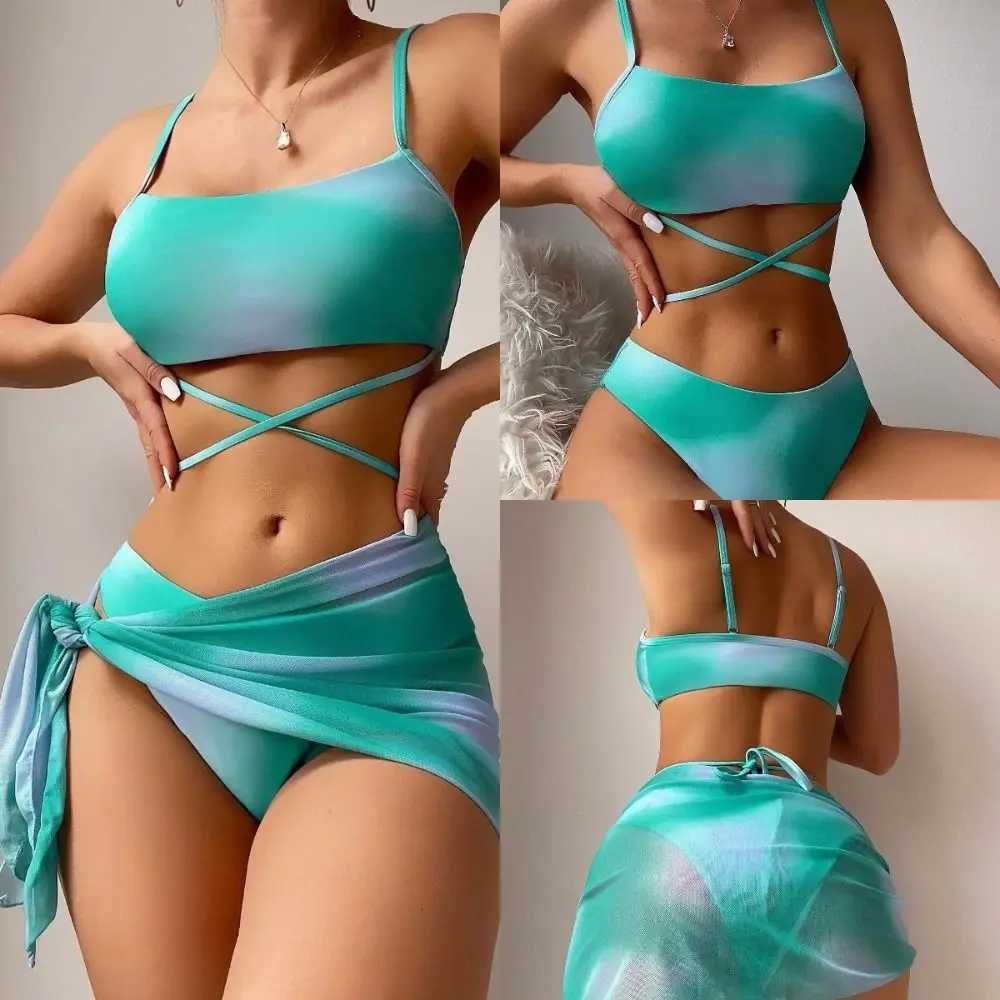 Women's Swimwear Womens 3-piece gradient tie dye swimsuit lace top high cut bikini beach skirt L260528-image-980909096