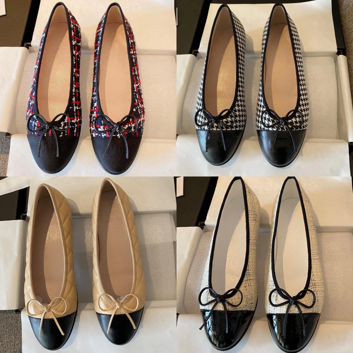 Designer Black Ballet Flats Ballerina Paris Brand Dress Chaussures Sheelles de mouton Femme Femme Printemps matelassé Véritain en cuir Slip on Ba