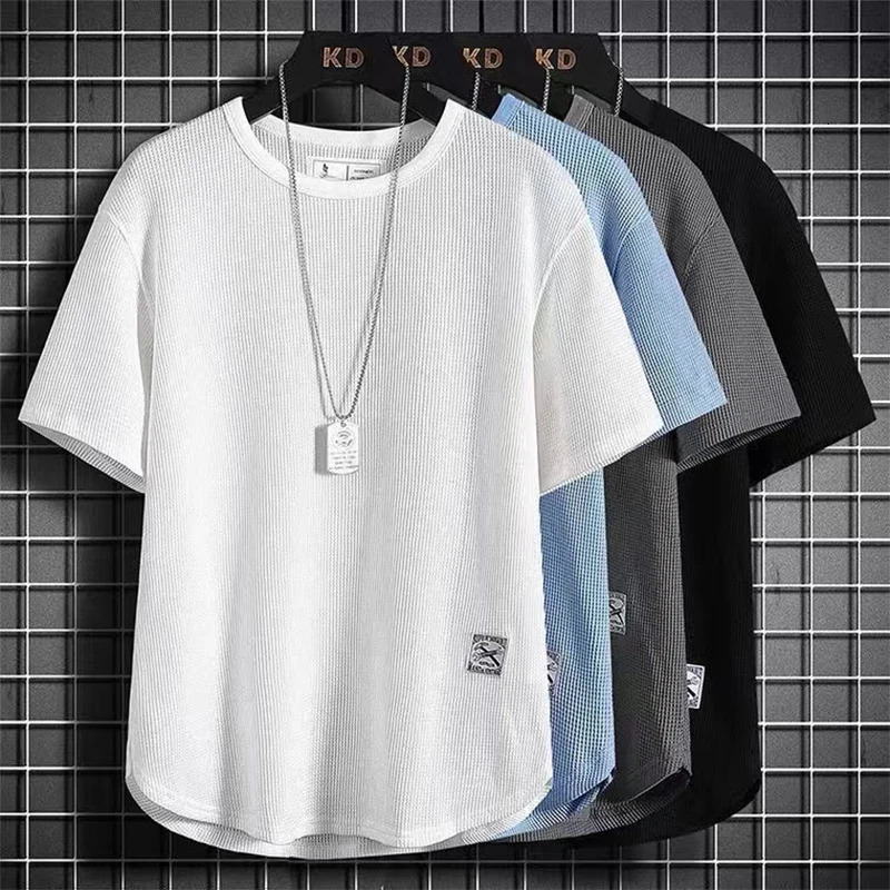 Casual Solid Color Badge Ice Silk Man Tshirt Summer Half Sleeve High Quality Round Neck Loose Hong Kong Style Fashion Male Top 240528